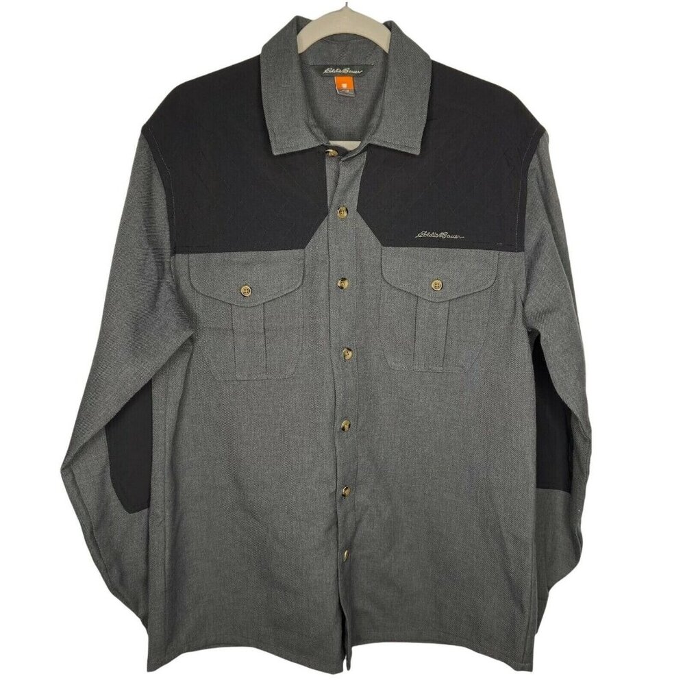 Eddie Bauer Sport Shop Shirt Mens Medium Gray/Black Shacket Elbow Patches Pocket